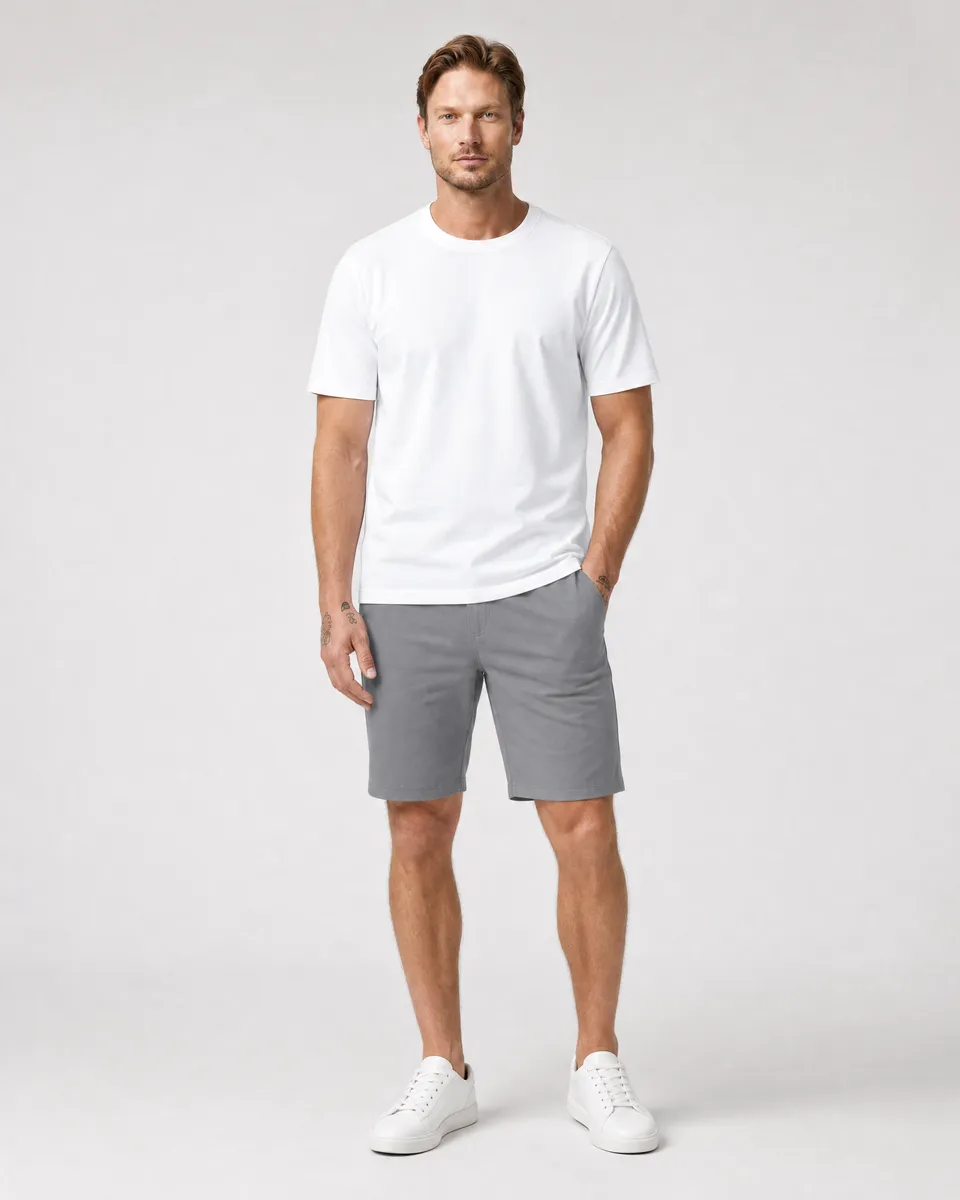StringKing Men's Pima Terry Tee - Relaxed Fit, White, Full Front - Human Model - Top of head to Knees