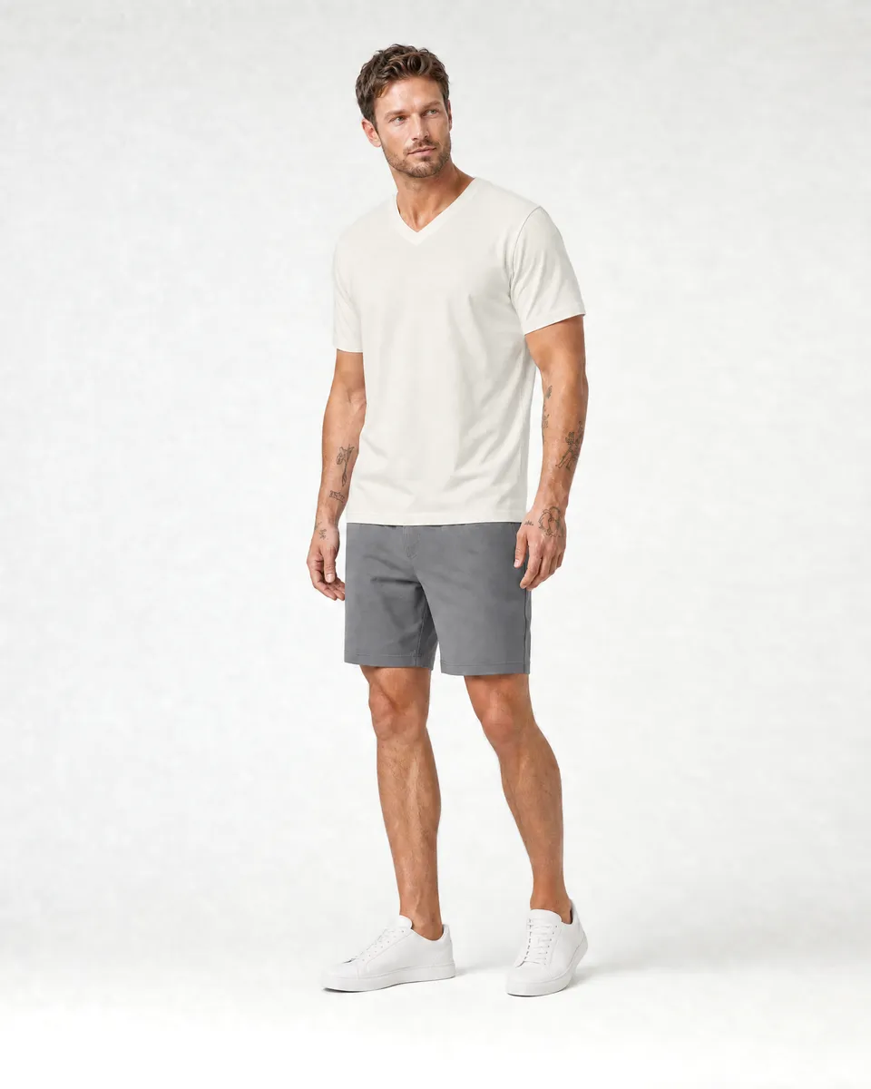 StringKing Men's Pima Jersey V-Neck Tee - Relaxed Fit, Tofu, Full Front Angle - Human Model