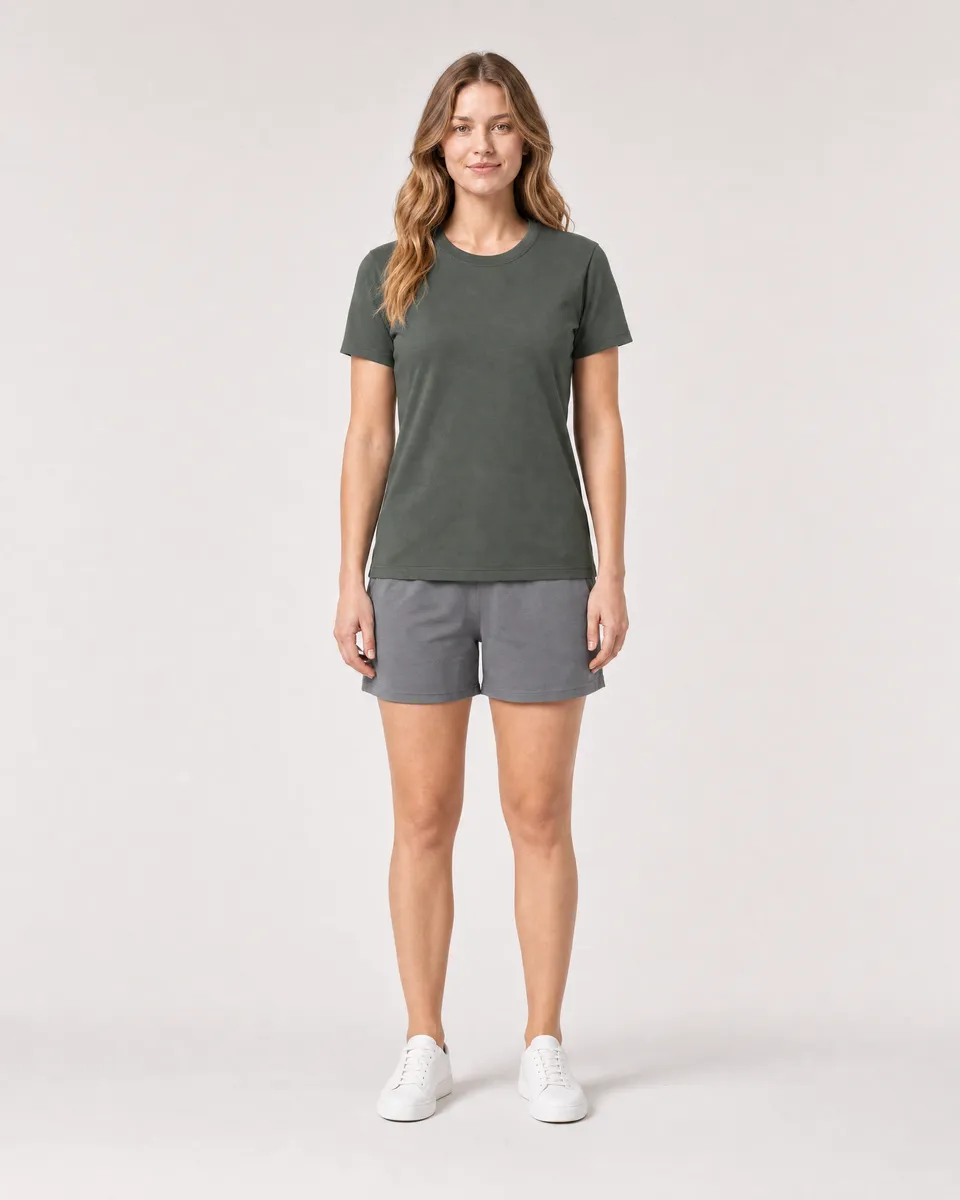 StringKing Women's Pima Terry Tee - Sharp Fit, Moss, Full Front - Human Model