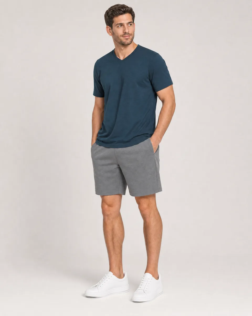 StringKing Men's Pima Terry V-Neck Tee - Sharp Fit, Navy, Full Front - Human Model - Top of head to Knees