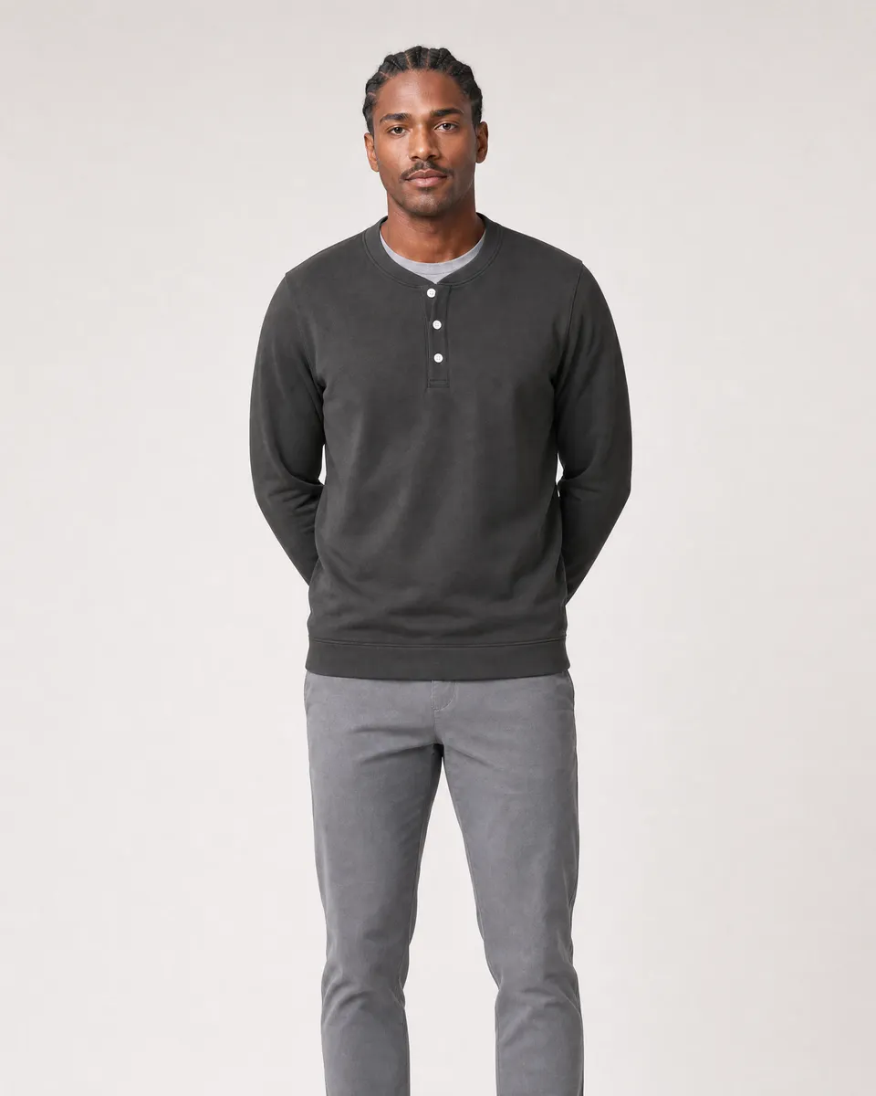 StringKing Men's Pima Terry Henley - Sharp Fit, Peat, Full Front - Human Model - Top of head to Knees
