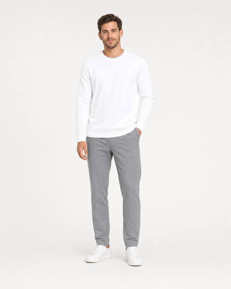 StringKing Men's Pima Terry Crew Sweater - Sharp Fit, White, Full Front - Human Model