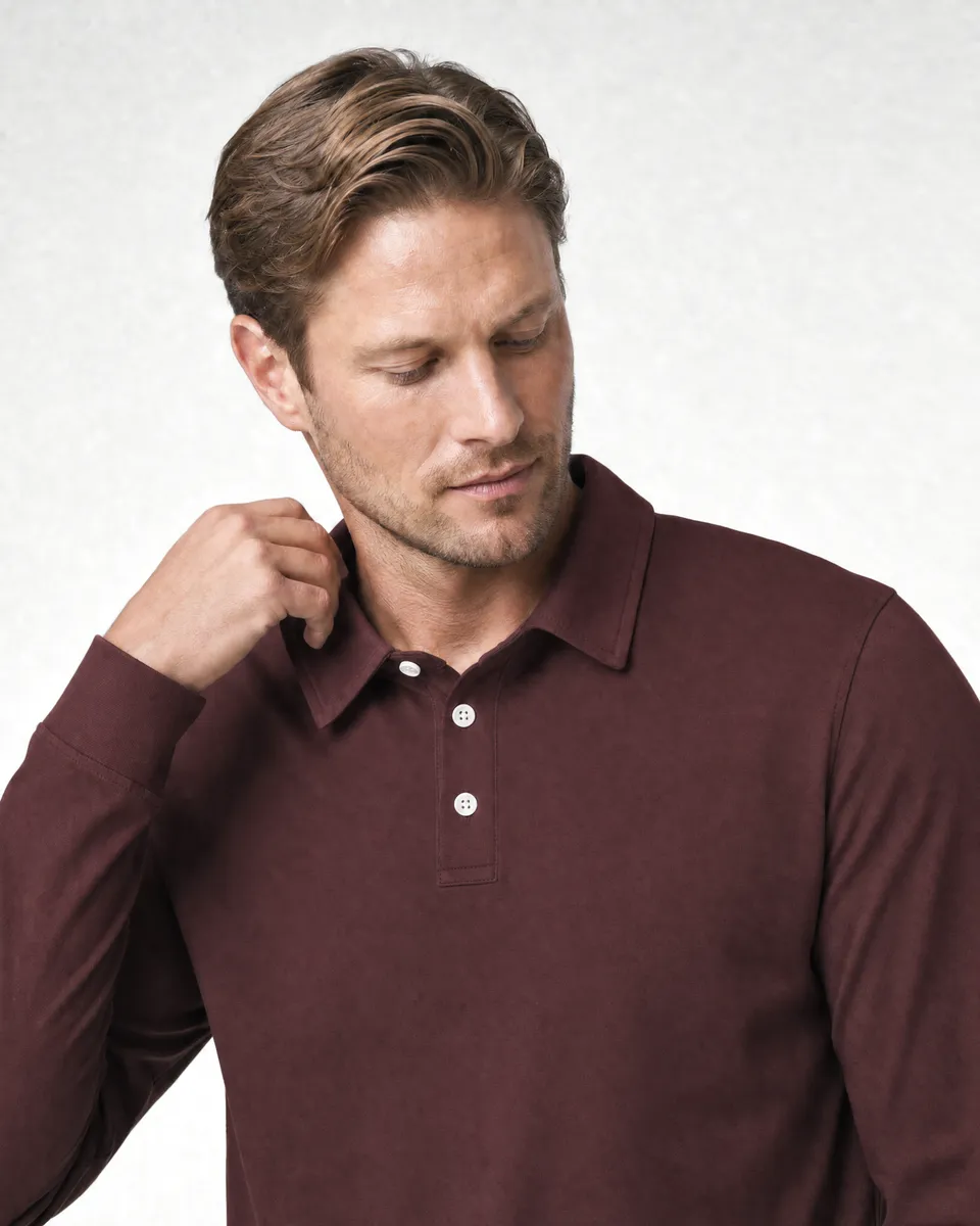 StringKing Men's Pima Jersey Long Sleeve Polo - Relaxed Fit, New Maroon, Collar Shoulder - Human Model