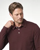 StringKing Men's Pima Jersey Long Sleeve Polo - Relaxed Fit, New Maroon, Collar Shoulder - Human Model