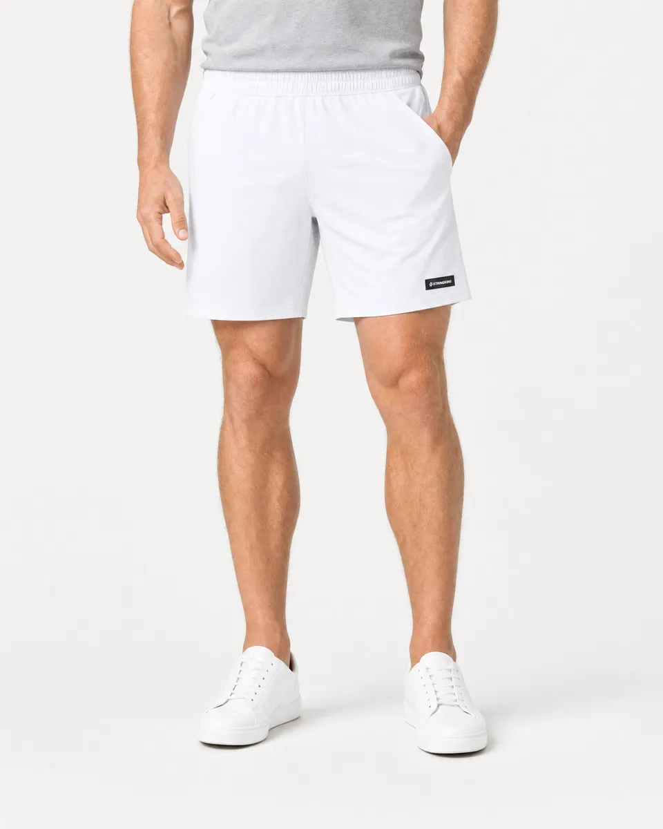 StringKing Men's Nylon Flex Game Shorts - Sharp Fit, White, Full Front - Human Model - Waist to Mid-calf