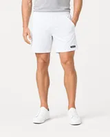 StringKing Men's Nylon Flex Game Shorts - Sharp Fit, White, Full Front - Human Model - Waist to Mid-calf