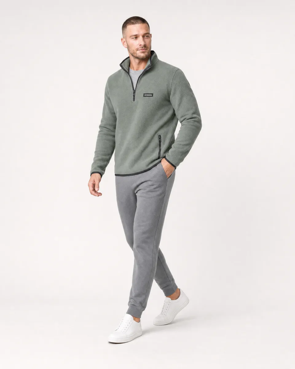 StringKing Men's Polartec Fleece Quarter Zip with Pockets - Sharp Fit, Avenue Green, Collar Shoulder - Human Model