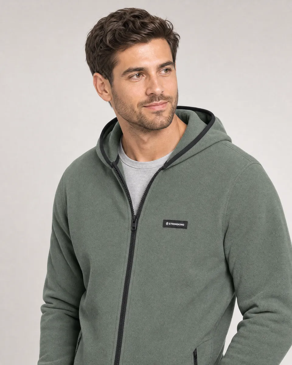 StringKing Men's Polartec Fleece Full Zip Hoodie with Pockets - Sharp Fit, Avenue Green, Collar Shoulder - Human Model