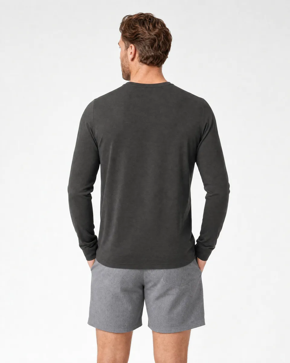 StringKing Men's Pima Jersey Long Sleeve V-Neck Tee - Sharp Fit, Peat, Full Back - Human Model - Top of head to Mid-thigh