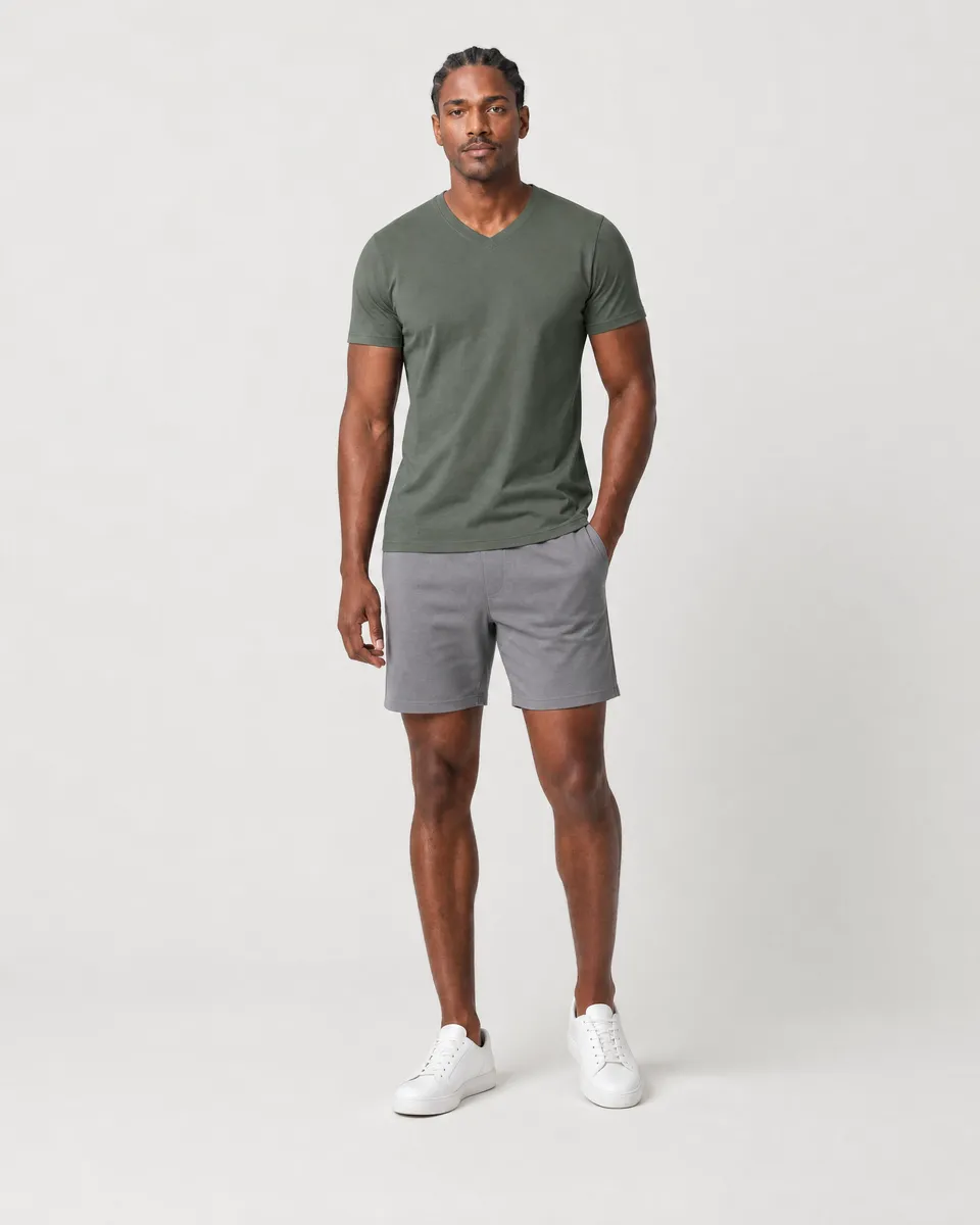 StringKing Men's Pima Jersey V-Neck Tee - Sharp Fit, Moss, Full Front - Human Model