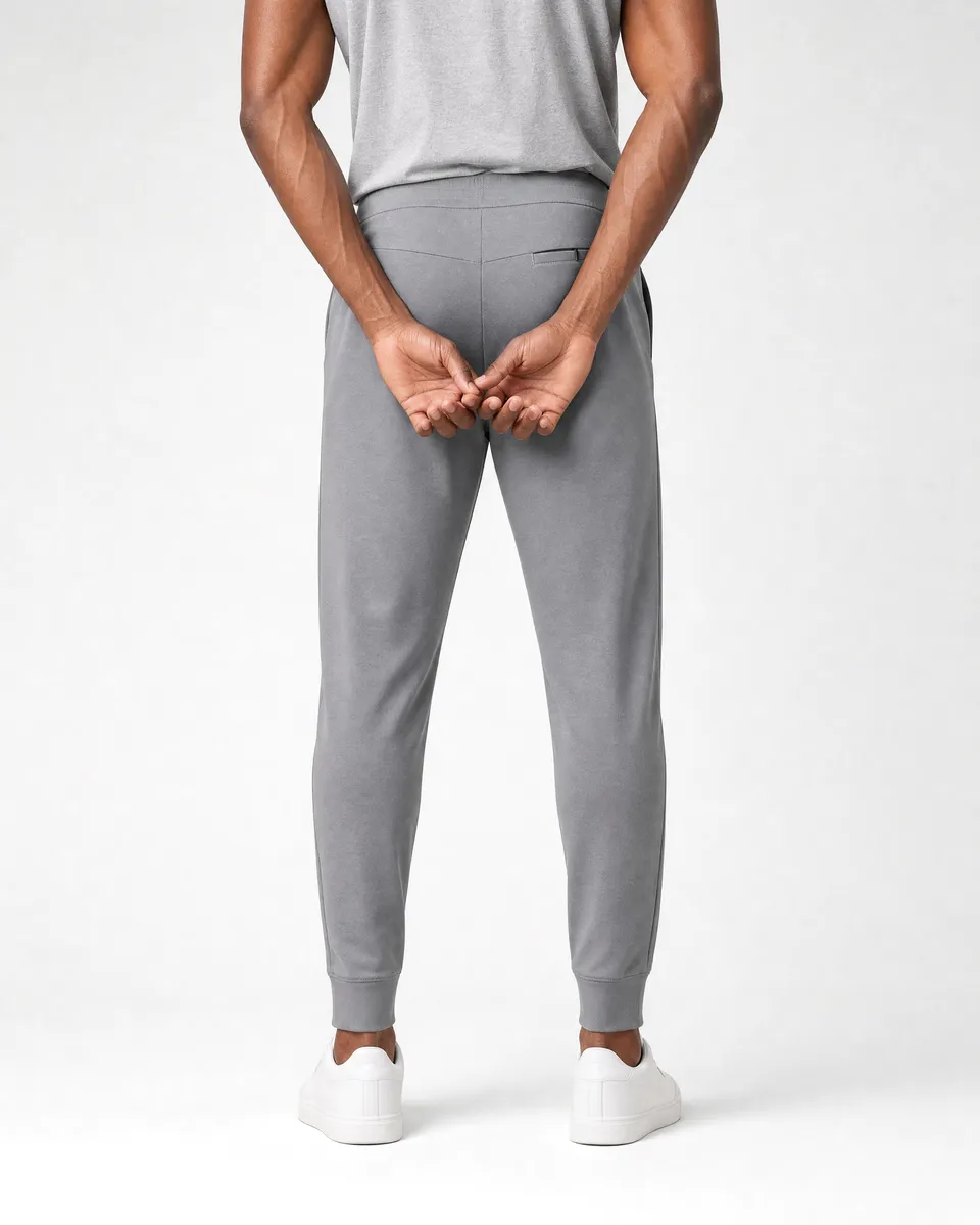 StringKing Men's StayWarm Joggers - Sharp Fit, Gray, Full Back - Human Model - Chest to Feet