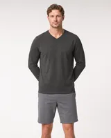 StringKing Men's Pima Terry Long Sleeve V-Neck Tee - Sharp Fit, Peat, Full Front - Human Model - Top of head to Knees