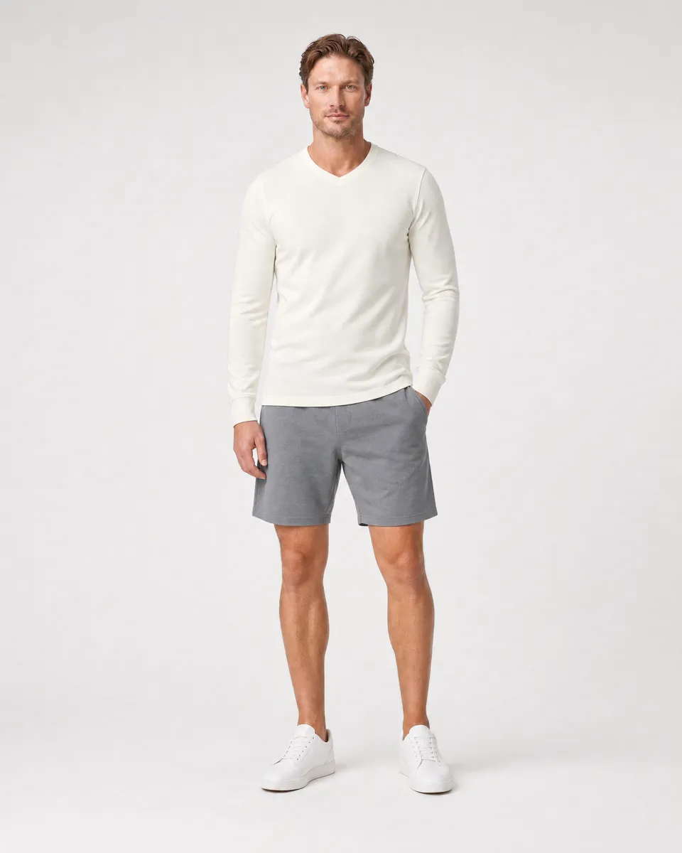 StringKing Men's Pima Terry Long Sleeve V-Neck Tee - Sharp Fit, Tofu, Full Front - Human Model
