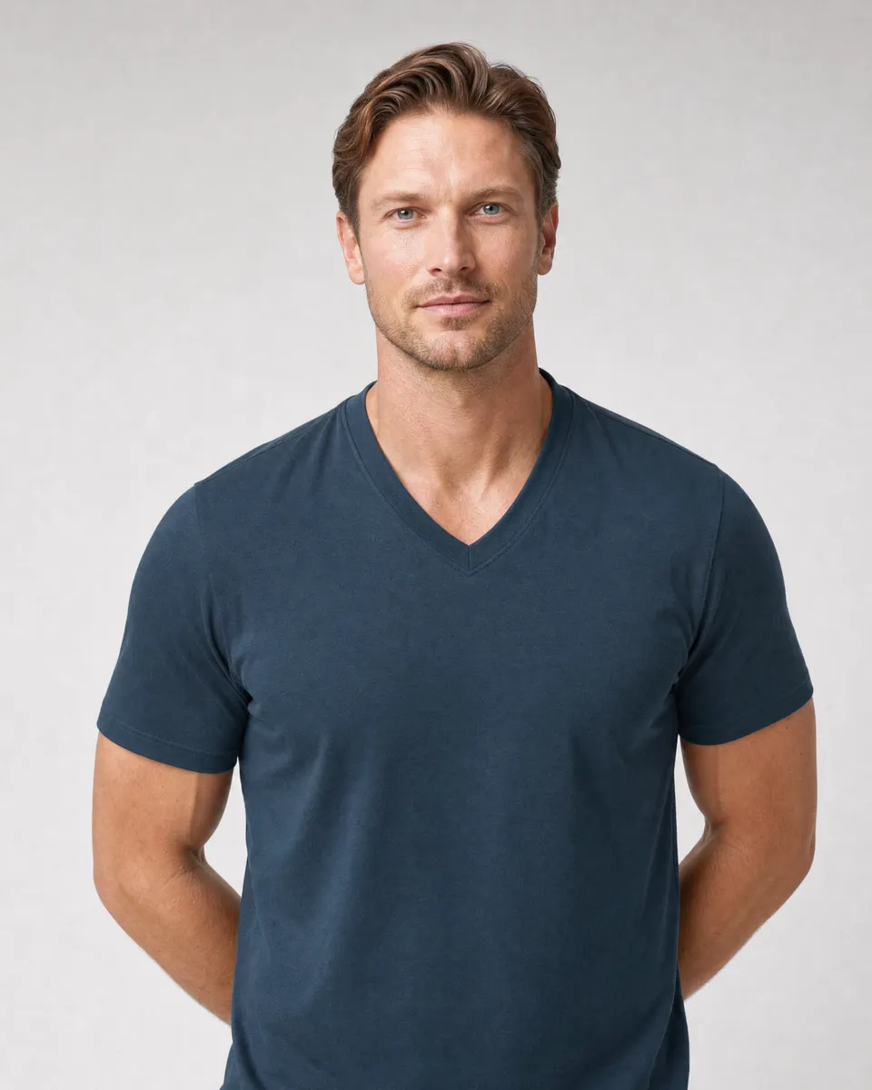 StringKing Men's Pima Jersey V-Neck Tee - Sharp Fit, Navy, Collar Shoulder - Human Model