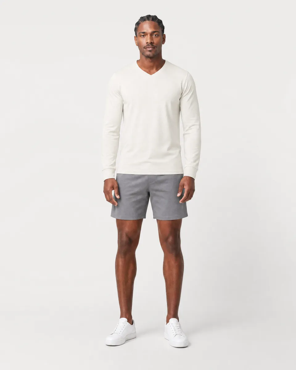 StringKing Men's Pima Jersey Long Sleeve V-Neck Tee - Sharp Fit, Tofu, Full Front - Human Model - Top of head to Knees