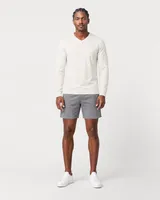 StringKing Men's Pima Jersey Long Sleeve V-Neck Tee - Sharp Fit, Tofu, Full Front - Human Model - Top of head to Knees