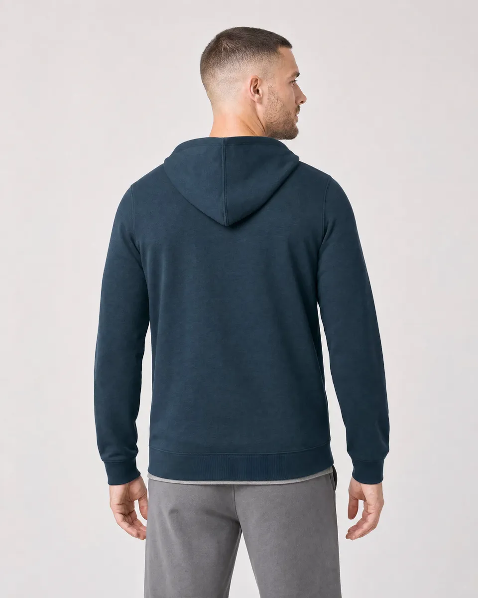 StringKing Men's Pima Terry Hoodie - Sharp Fit, Navy, Full Back - Human Model - Top of head to Mid-thigh