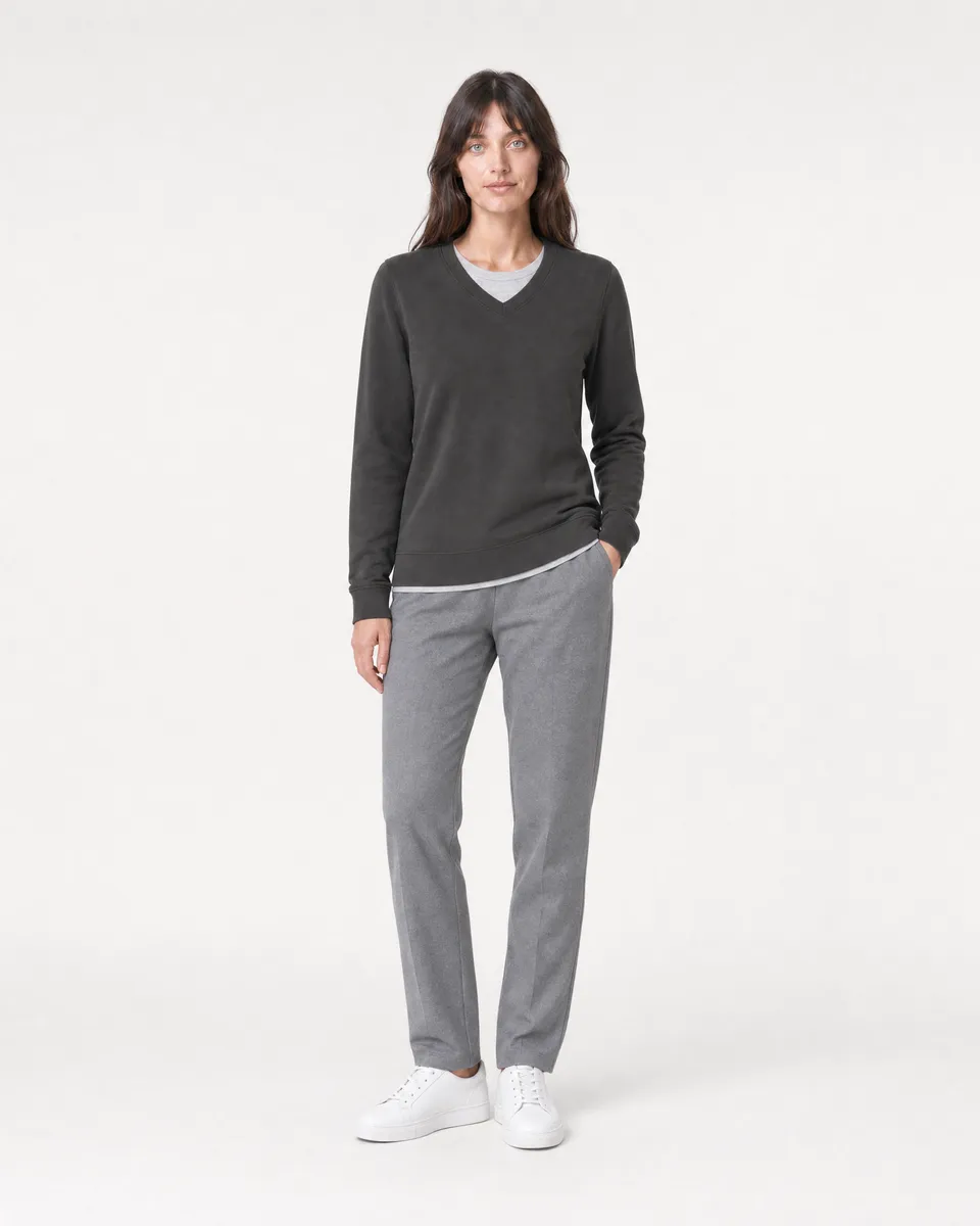 StringKing Women's Pima Terry V-Neck Sweater - Relaxed Fit, Peat, Full Front - Human Model