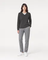 StringKing Women's Pima Terry V-Neck Sweater - Relaxed Fit, Peat, Full Front - Human Model