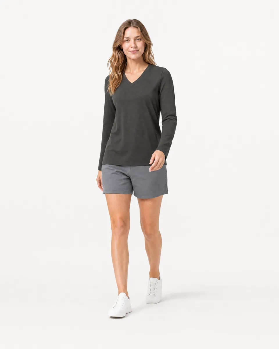StringKing Women's Pima Terry Long Sleeve V-Neck Tee - Relaxed Fit, Peat, Full Front Angle - Human Model