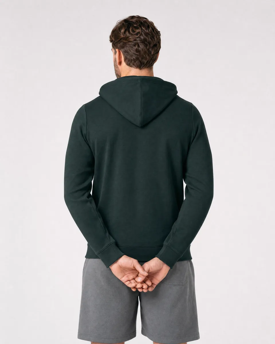 StringKing Men's Pima Terry Hoodie - Sharp Fit, Pine Grove, Full Back - Human Model - Top of head to Mid-thigh