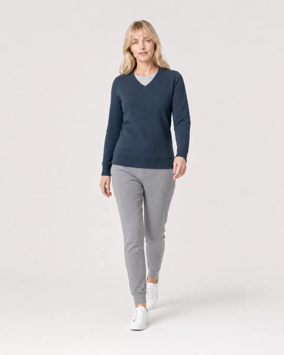 StringKing Women's Pima Terry V-Neck Sweater - Sharp Fit, Navy, Full Front Angle - Human Model