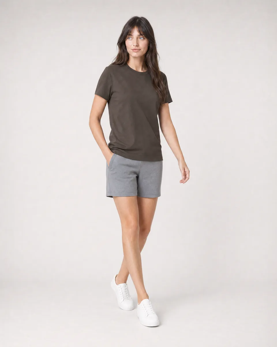 StringKing Women's Pima Jersey Tee - Sharp Fit, Wren, Full Front Angle - Human Model