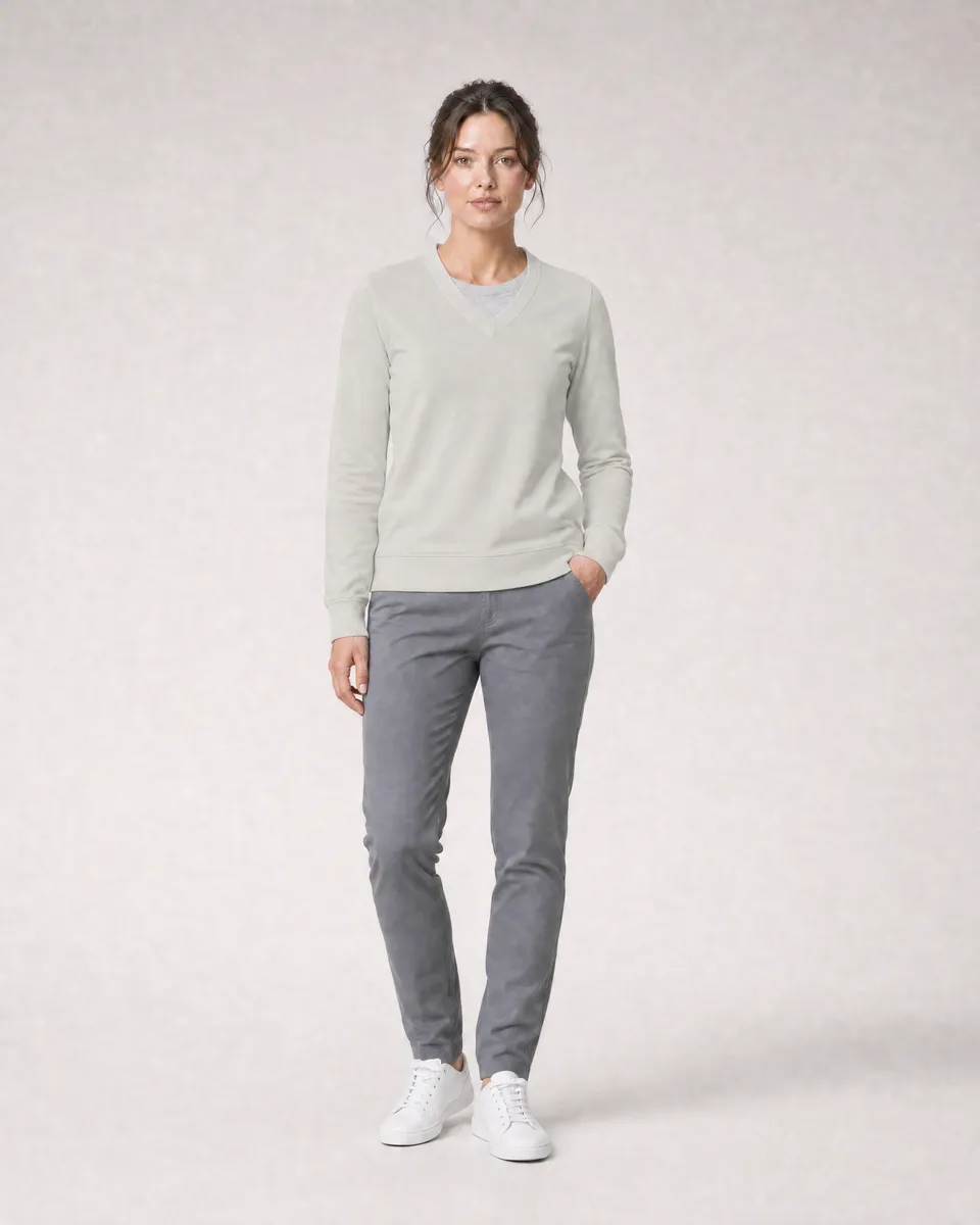 StringKing Women's Pima Terry V-Neck Sweater - Sharp Fit, Moonstruck, Full Front - Human Model