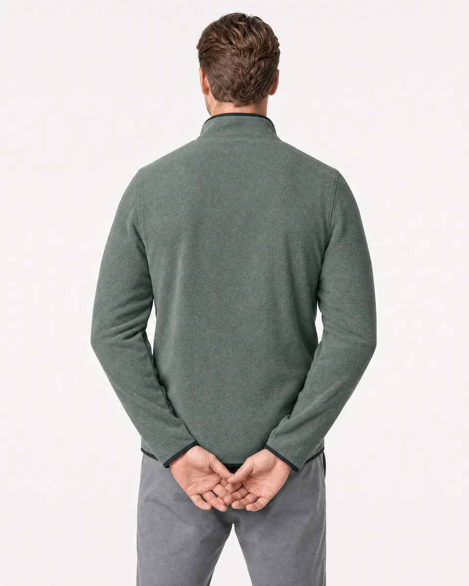 StringKing Men's Polartec Fleece Quarter Zip - Sharp Fit, Avenue Green, Full Back - Human Model - Top of head to Mid-thigh