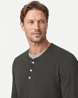 StringKing Men's Pima Terry Henley - Sharp Fit, Peat, Collar Shoulder - Human Model