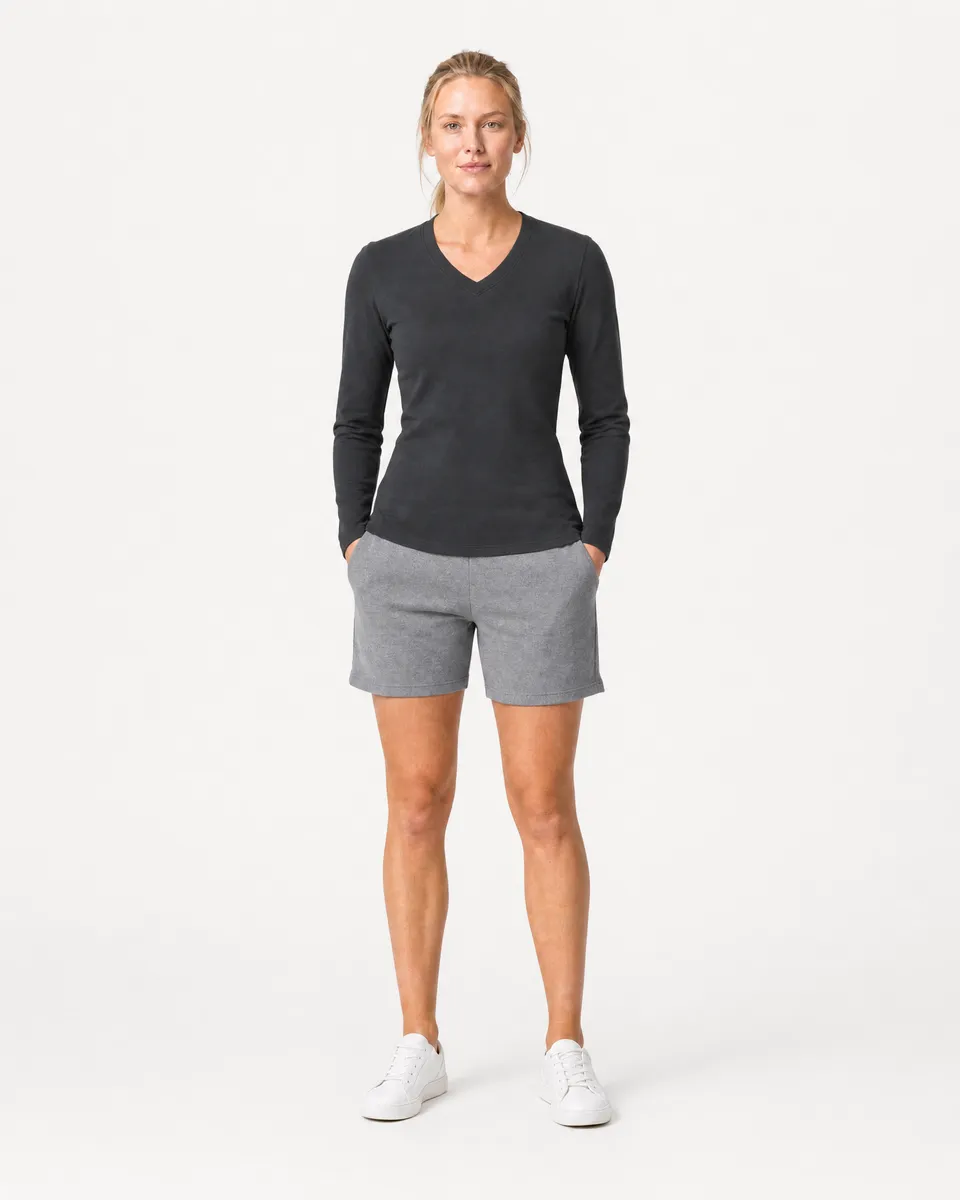 StringKing Women's Pima Terry Long Sleeve V-Neck Tee - Sharp Fit, Black, Full Front - Human Model