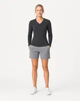 StringKing Women's Pima Terry Long Sleeve V-Neck Tee - Sharp Fit, Black, Full Front - Human Model