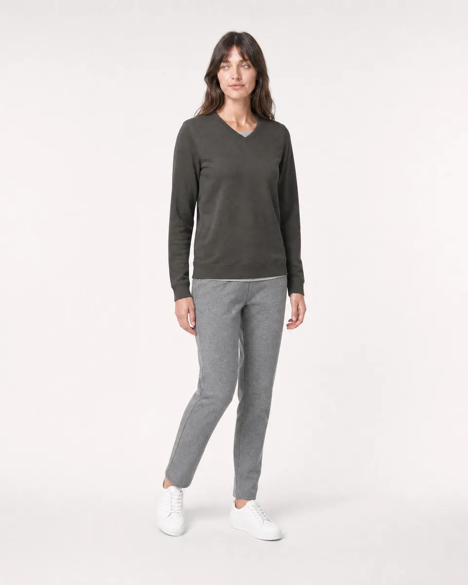StringKing Women's Pima Terry V-Neck Sweater - Relaxed Fit, Peat, Full Front Angle - Human Model