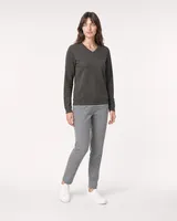 StringKing Women's Pima Terry V-Neck Sweater - Relaxed Fit, Peat, Full Front Angle - Human Model