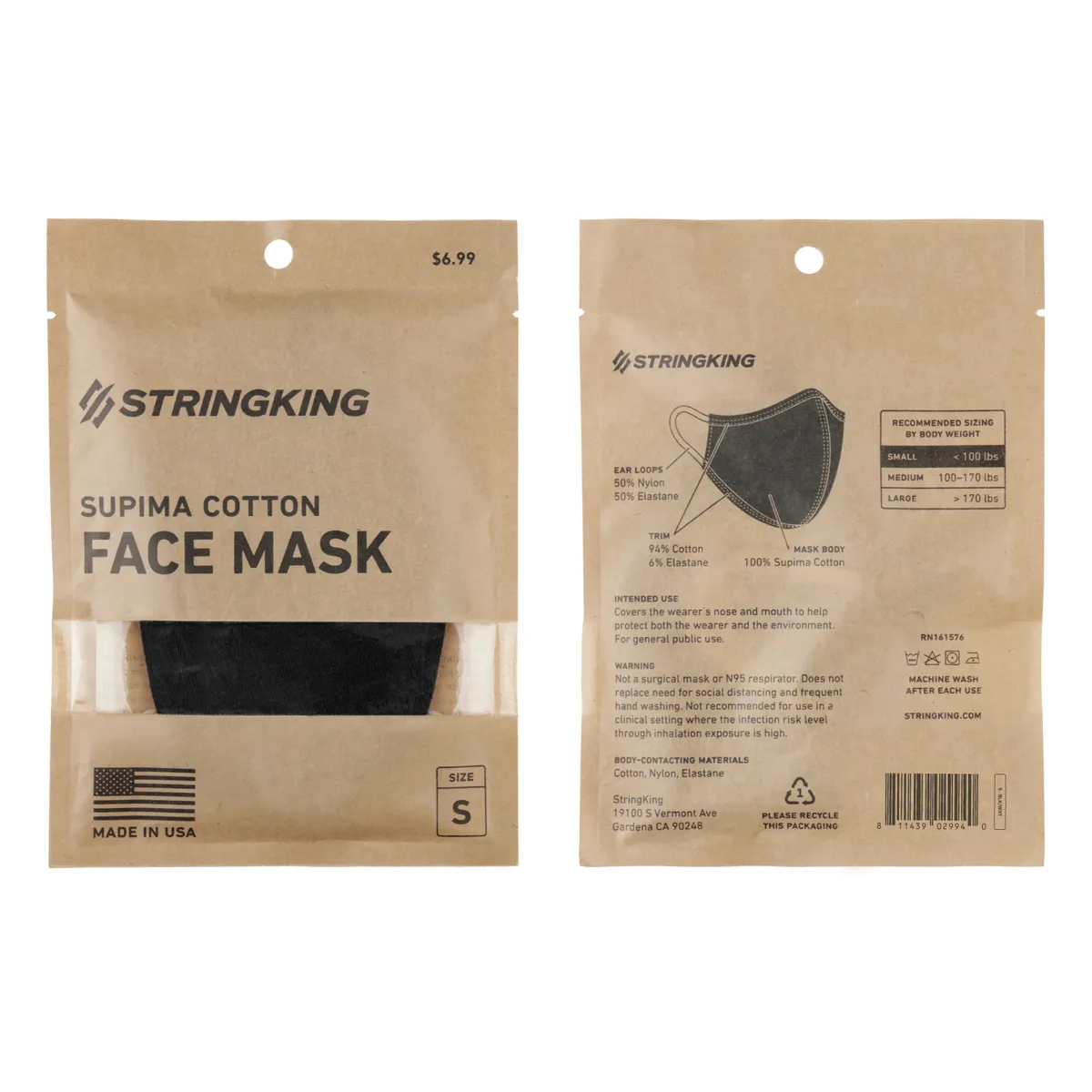 StringKing Cloth Face Mask - Standard, Single, Small, Black, Front, Back