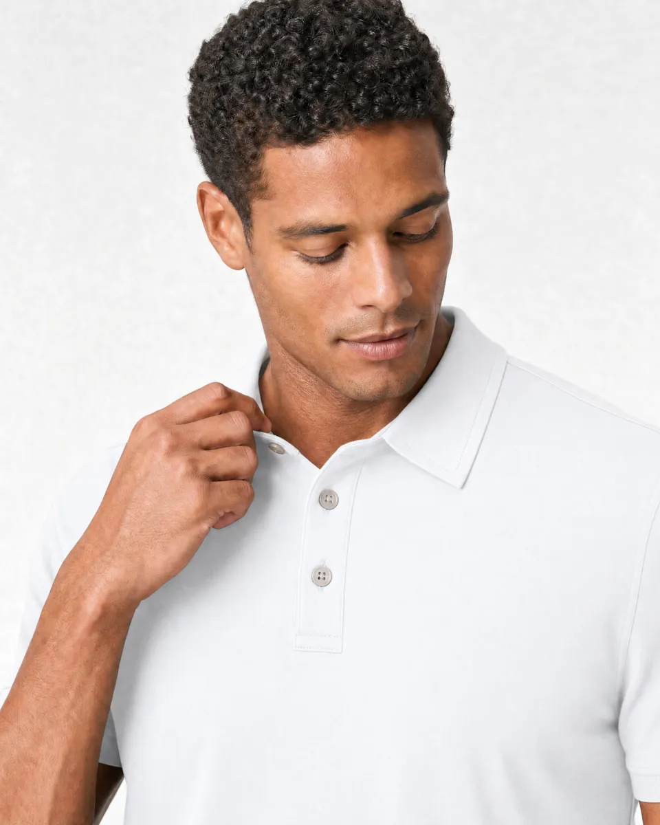 StringKing Men's Pima Terry Polo - Relaxed Fit, White, Collar Shoulder - Human Model