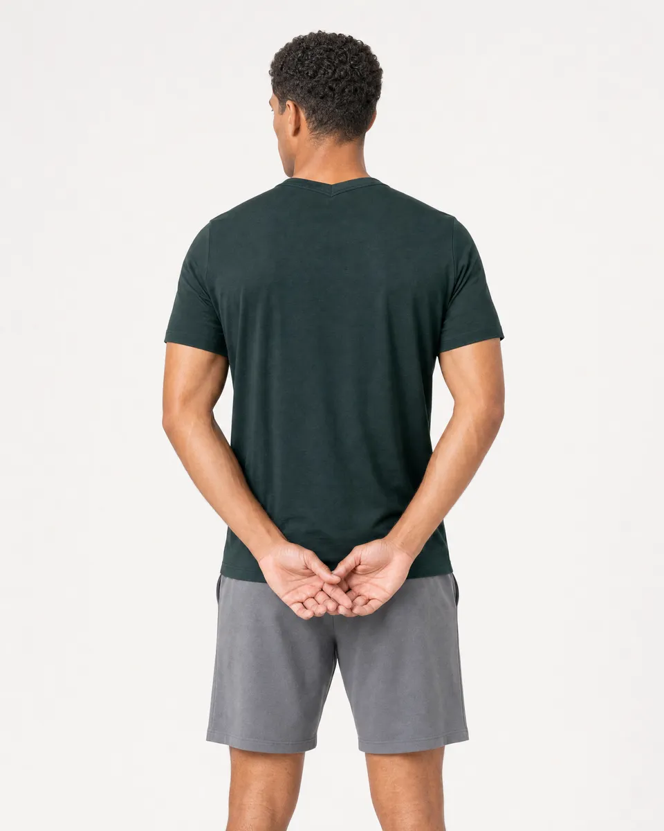 StringKing Men's Pima Terry V-Neck Tee - Sharp Fit, Pine Grove, Full Back - Human Model - Top of head to Mid-thigh