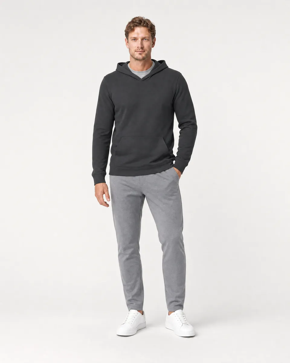 StringKing Men's StayWarm Hoodie - Sharp Fit, Black, Full Front - Human Model - Top of head to Knees