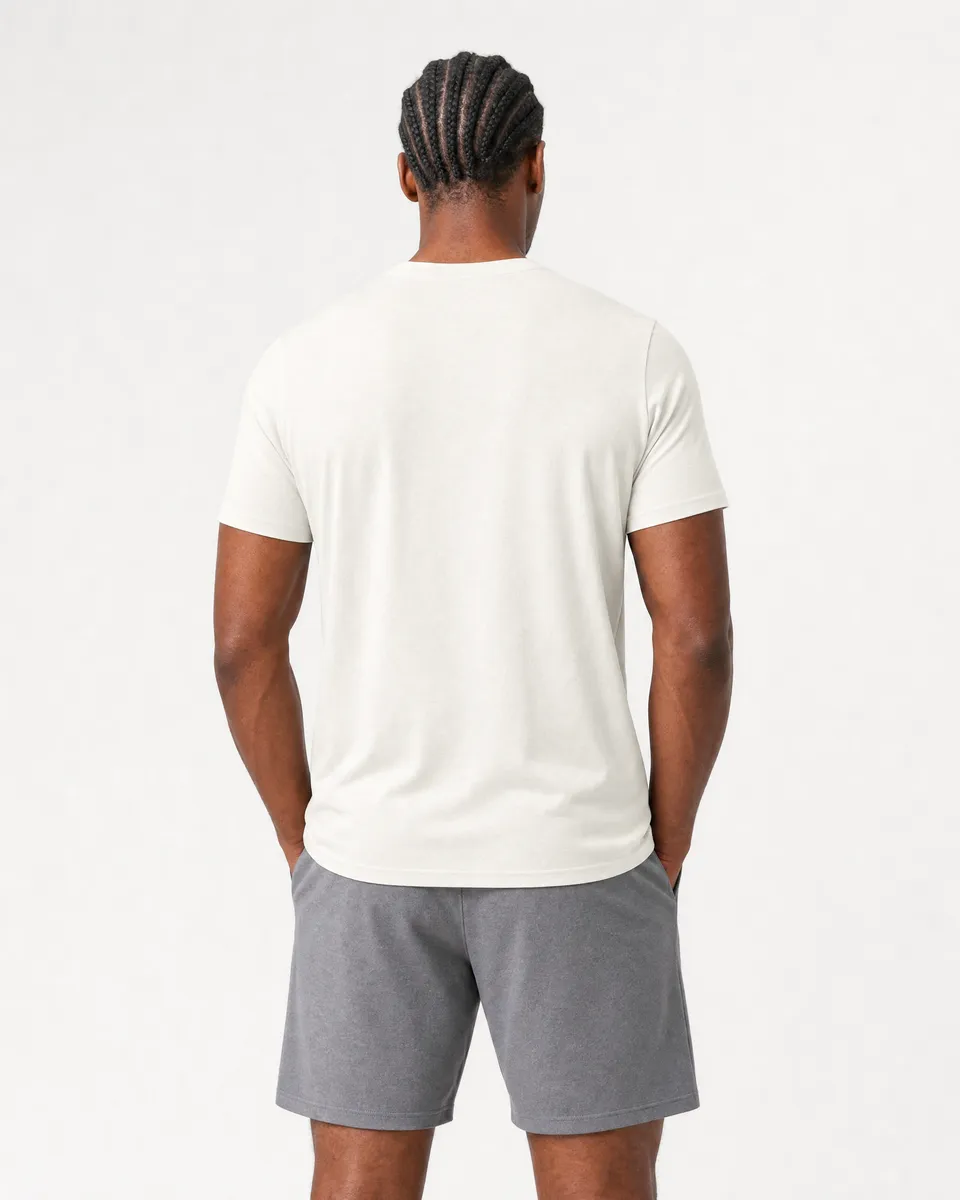 StringKing Men's Pima Jersey V-Neck Tee - Relaxed Fit, Tofu, Full Back - Human Model - Top of head to Mid-thigh