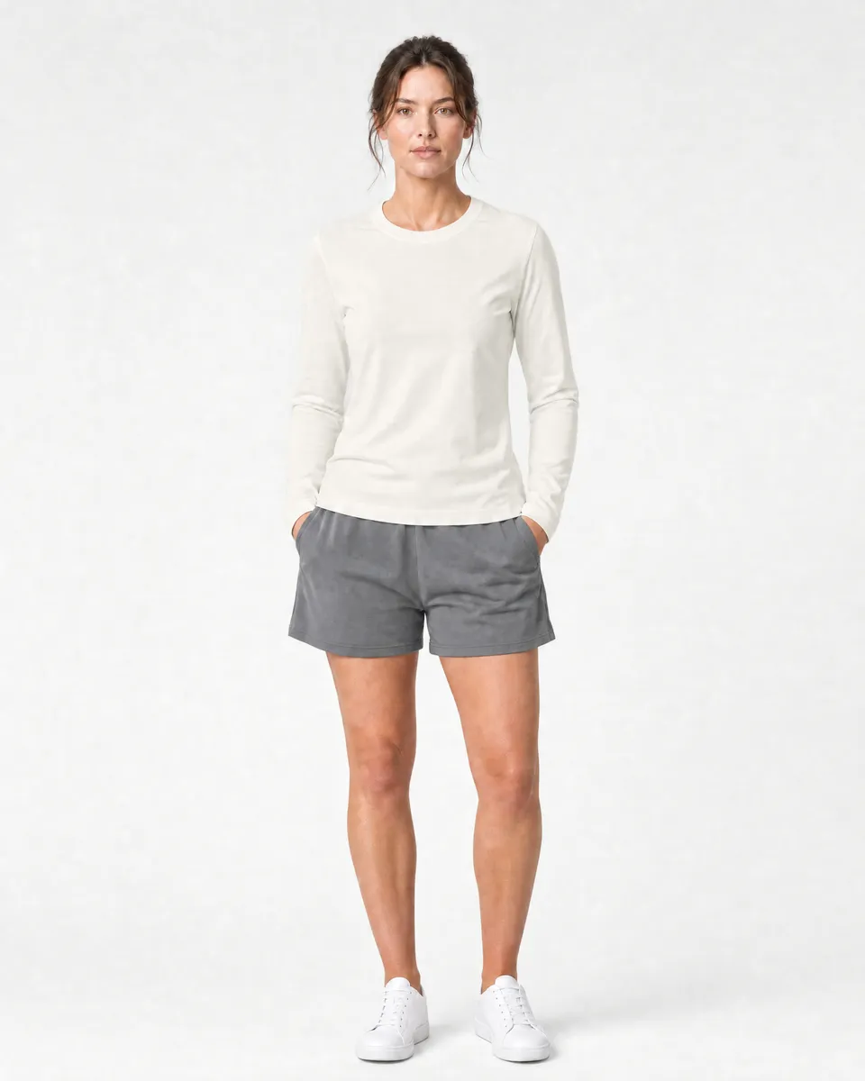 StringKing Women's Pima Jersey Long Sleeve Tee - Sharp Fit, Tofu, Full Front - Human Model - Top of head to Knees