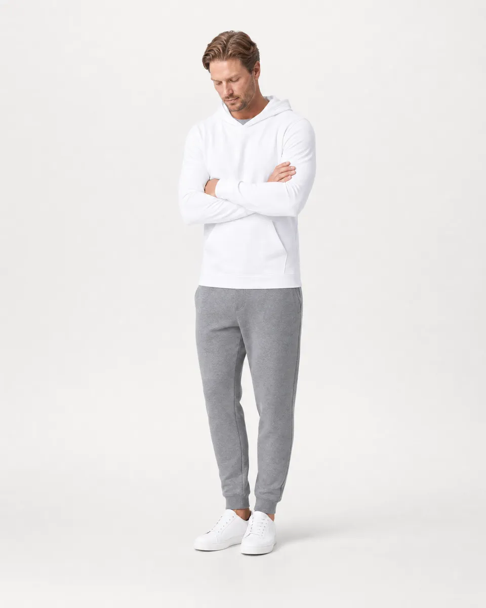 StringKing Men's Pima Terry Hoodie - Sharp Fit, White, Full Front Angle - Human Model
