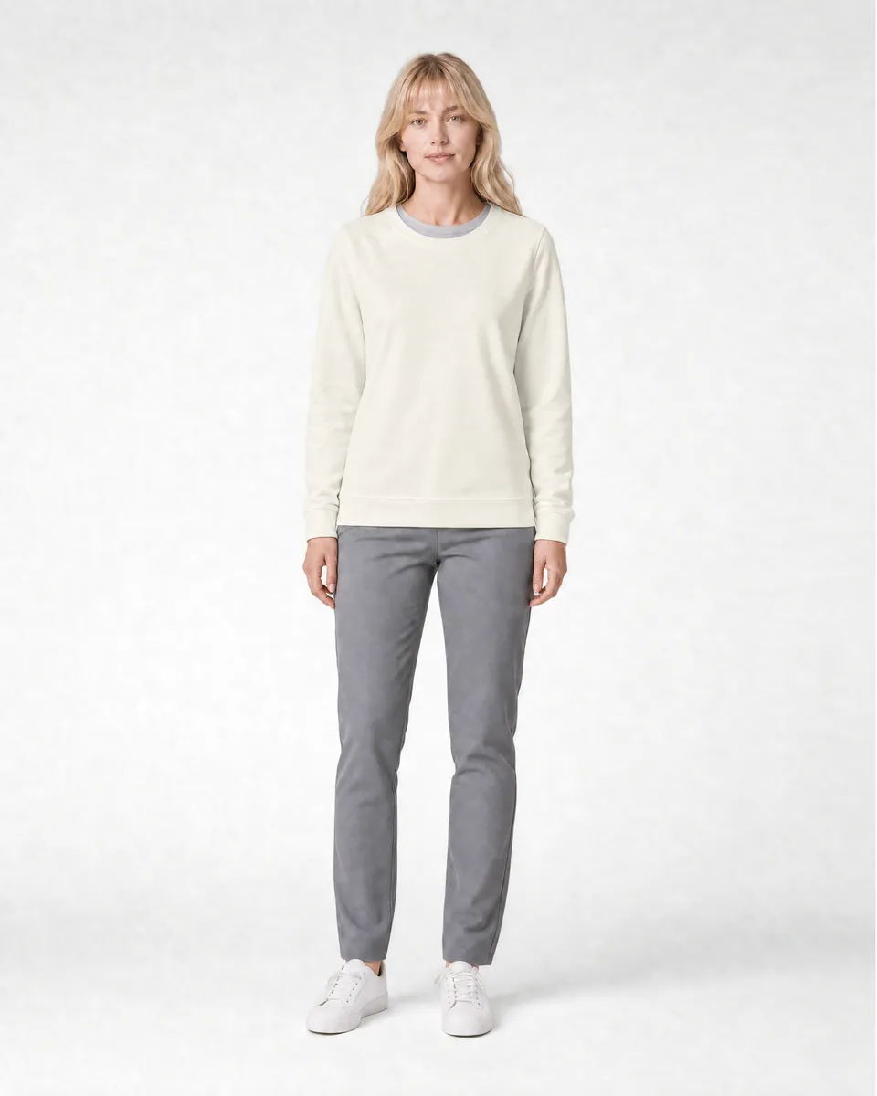 StringKing Women's Pima Terry Crew Sweater - Relaxed Fit, Tofu, Full Front - Human Model