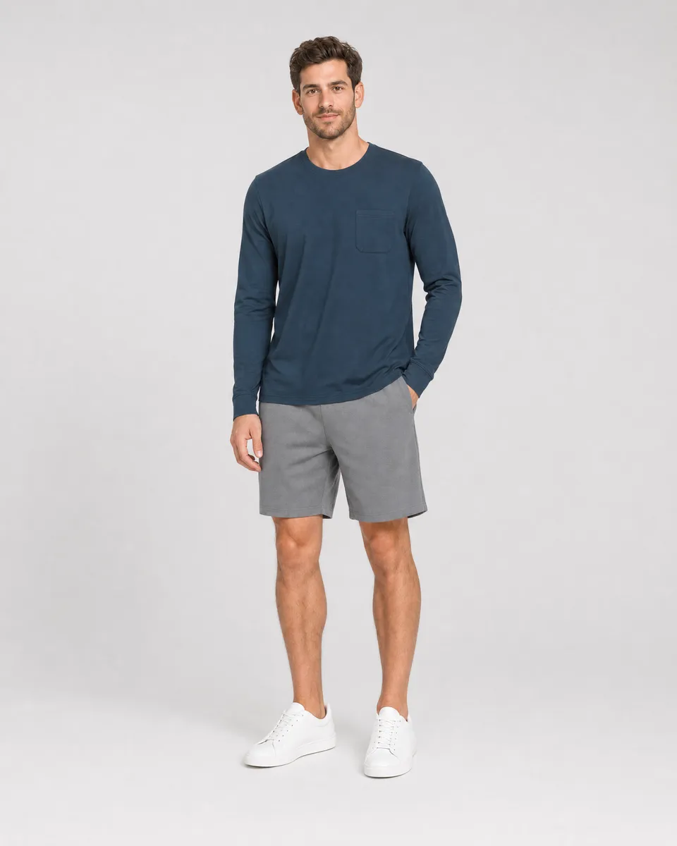 StringKing Men's Pima Jersey Long Sleeve Pocket Tee - Sharp Fit, Navy, Full Front - Human Model