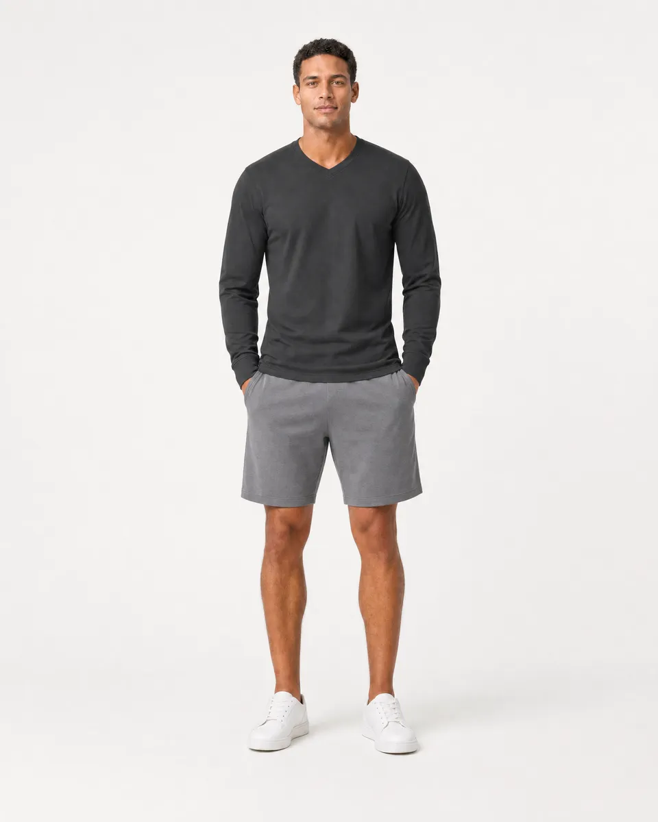 StringKing Men's Pima Terry Long Sleeve V-Neck Tee - Sharp Fit, Black, Full Front - Human Model