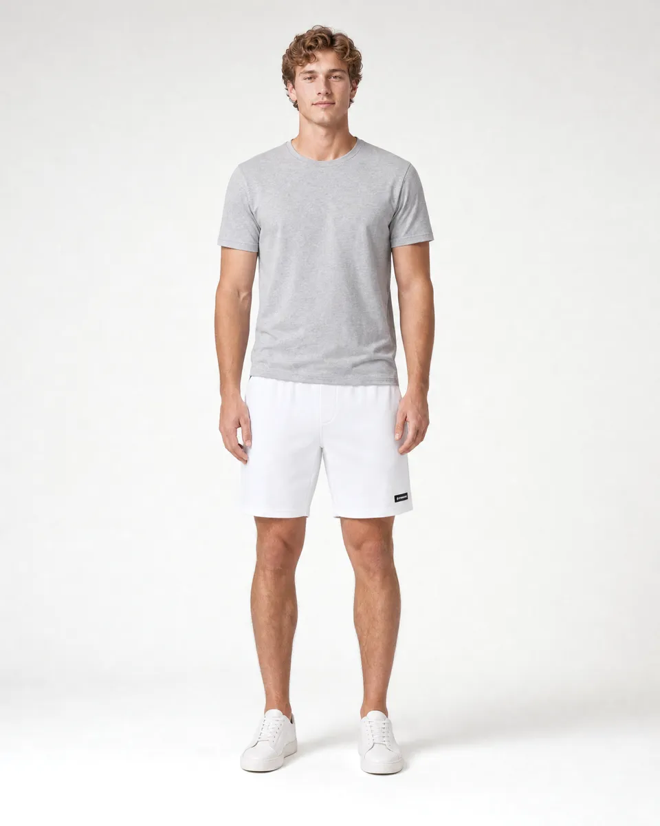 StringKing Men's Pima Terry Shorts - Relaxed Fit, White, Full Front - Human Model