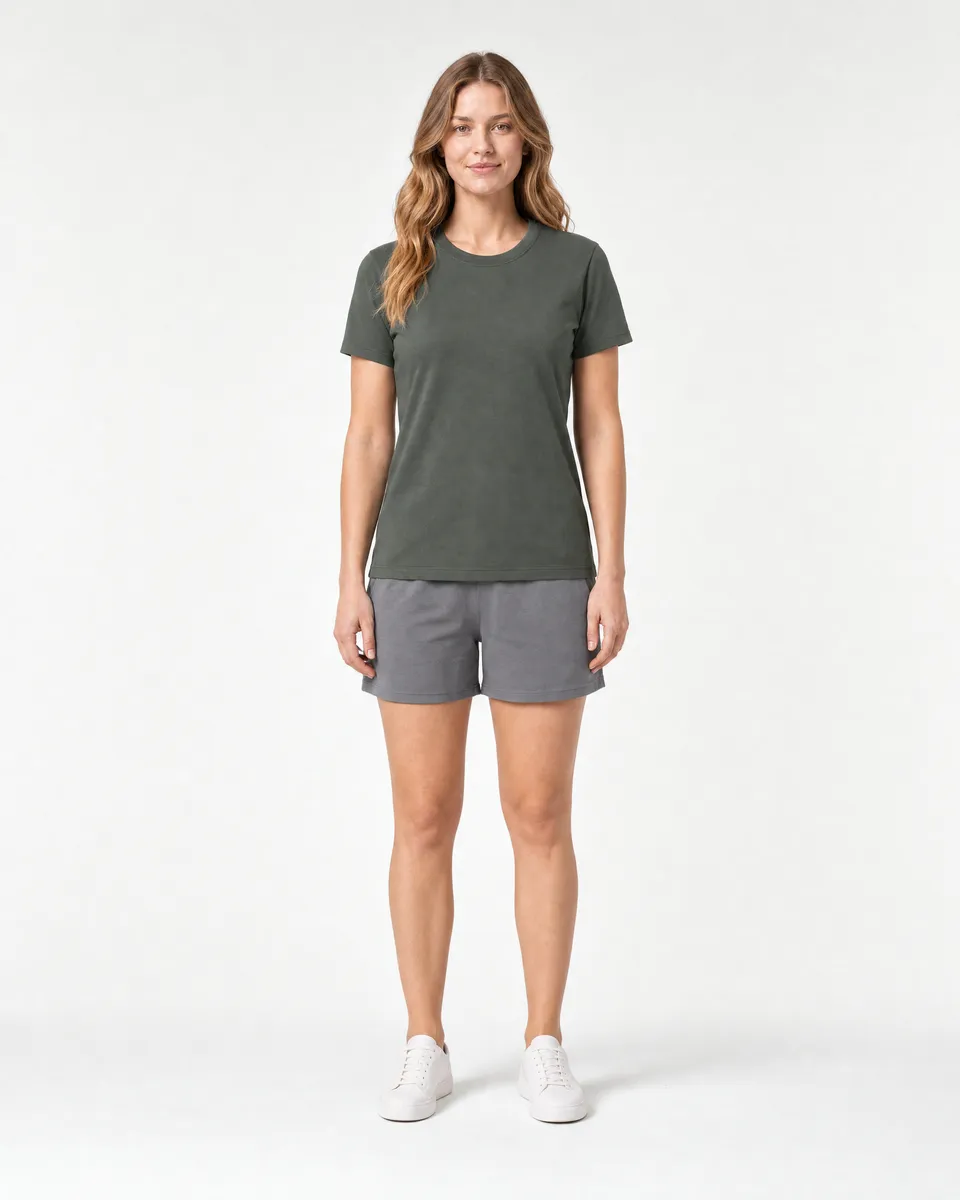 StringKing Women's Pima Terry Tee - Sharp Fit, Moss, Full Front - Human Model