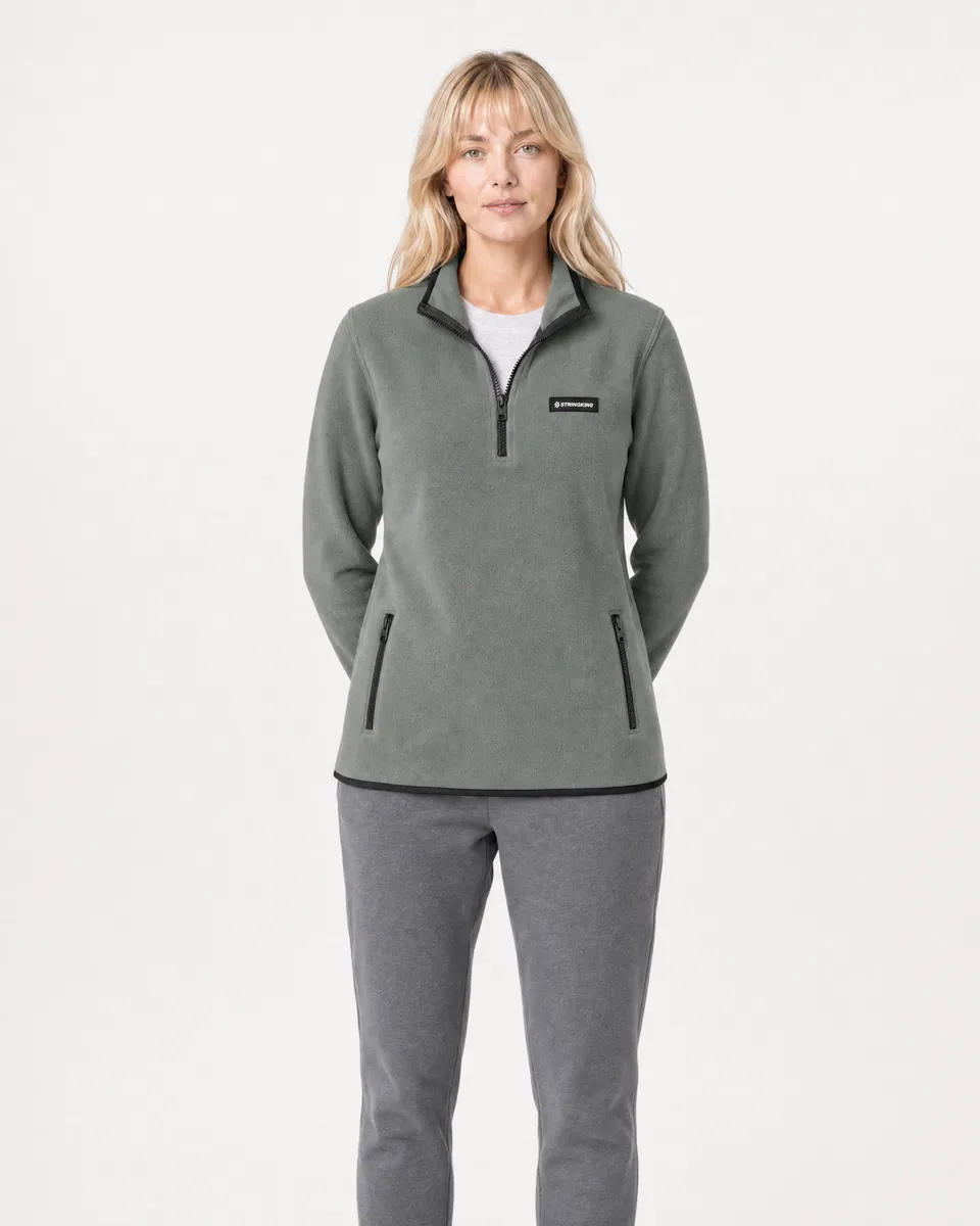 StringKing Women's Polartec Fleece Quarter Zip with Pockets - Relaxed Fit, Avenue Green, Full Front - Human Model - Top of head to Knees