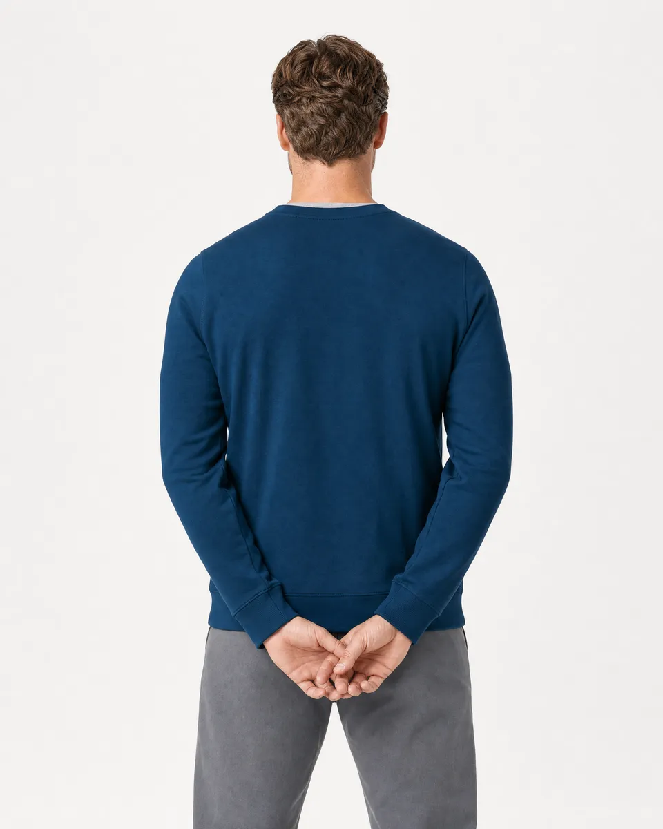 StringKing Men's StayWarm Sweater - Sharp Fit, Navy Blue, Full Back - Human Model - Top of head to Mid-thigh