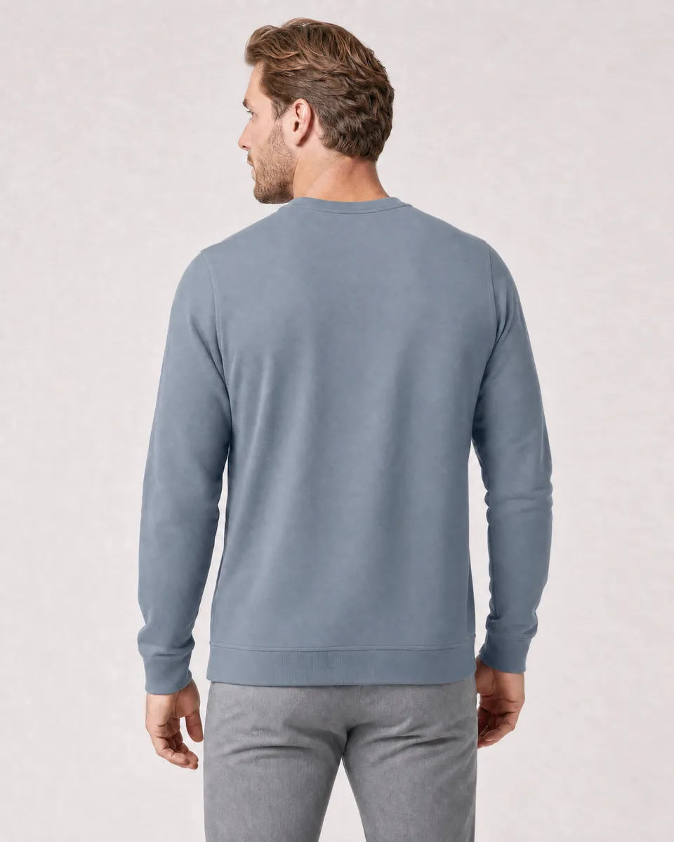 StringKing Men's Pima Terry Henley - Sharp Fit, Tradewinds, Full Back - Human Model - Top of head to Mid-thigh