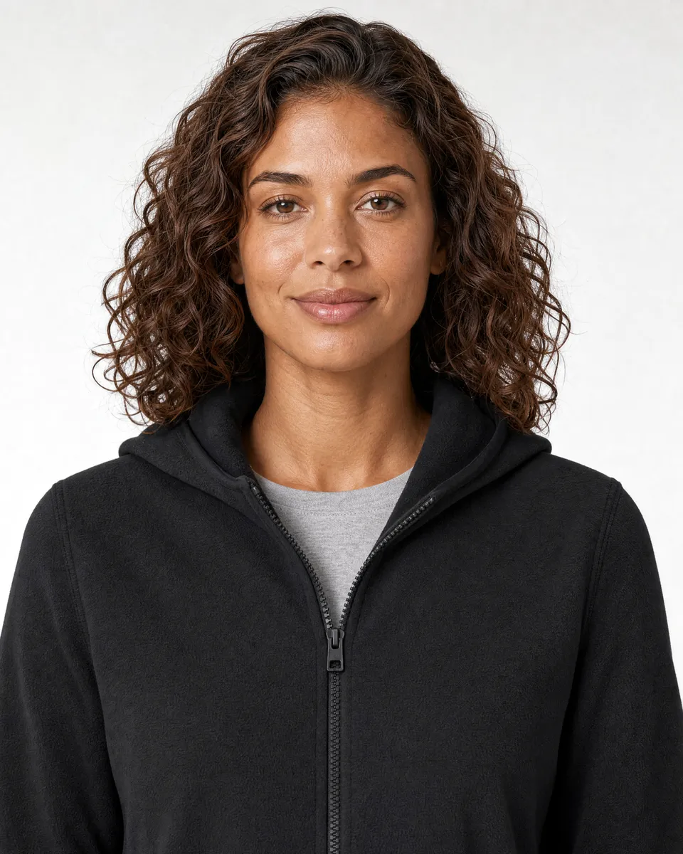 StringKing Women's Polartec Fleece Full Zip Hoodie with Pockets - Relaxed Fit, Meteorite, Collar Shoulder - Human Model